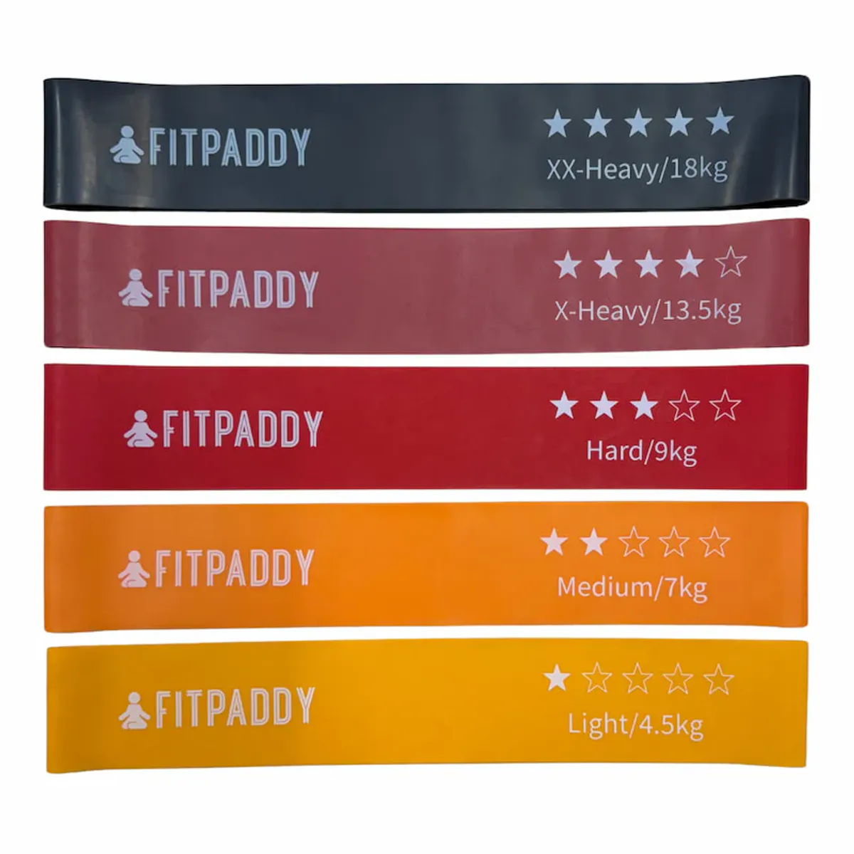 Fitness Bånd 5 stk i Pakke fra 4,5 til 18kg Motstand - Fitpaddy