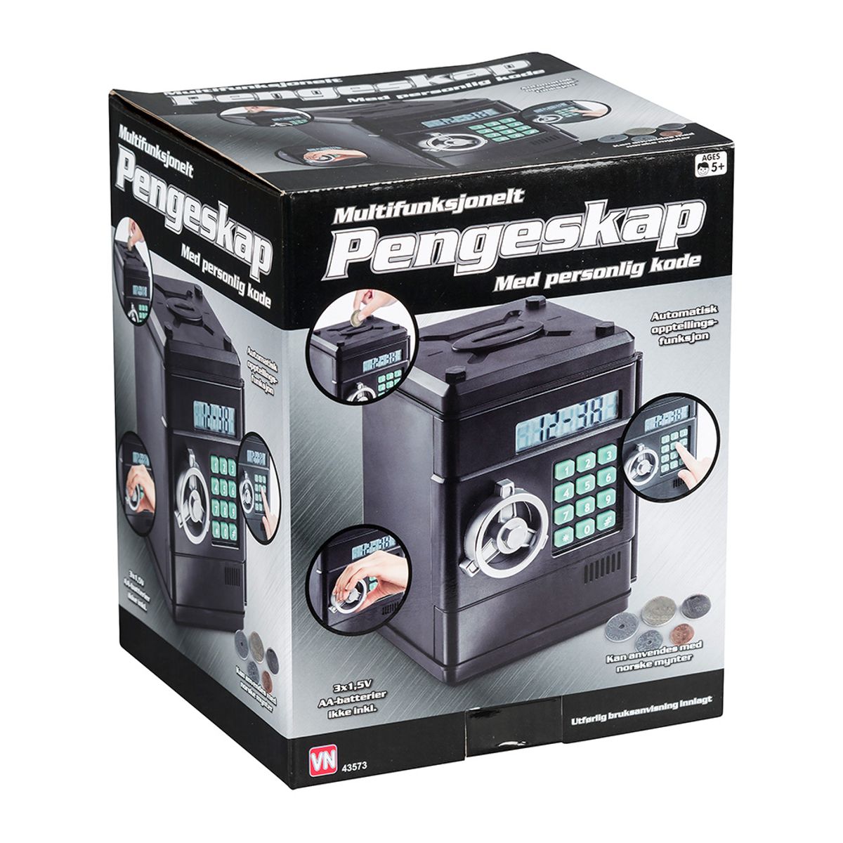 Sparebøsse - Pengeskap med digital kode, klokke, dato, alarm og telleverk