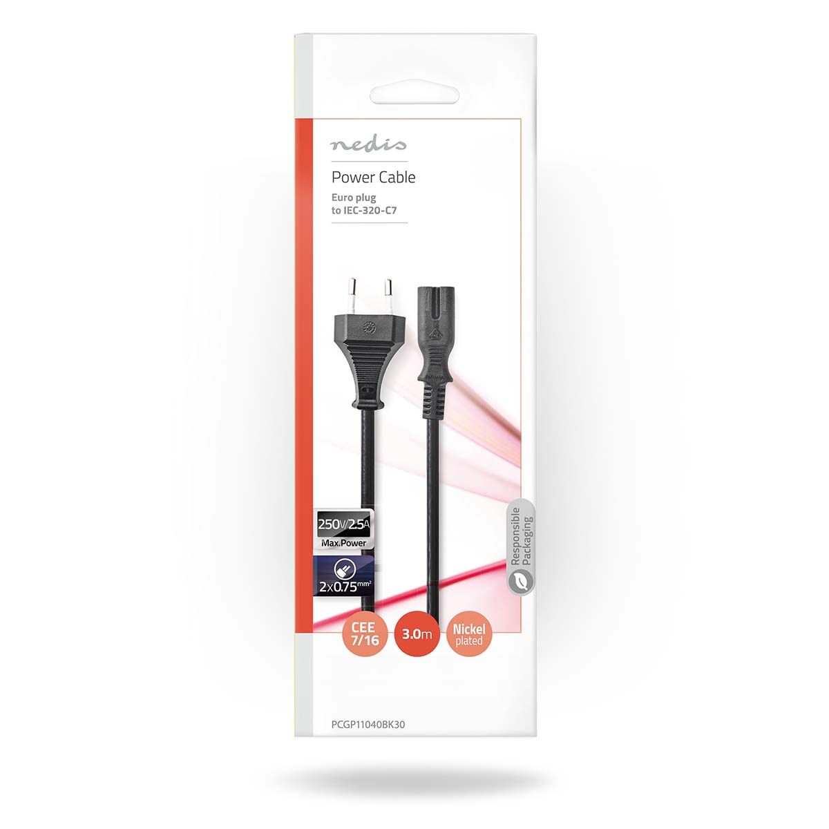 Strømkabel - Apparatkabel 230volt - 3 meter - Svart