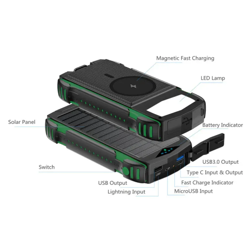 Powerbank Solcelle 20.000mAh, Vanntett, SOS