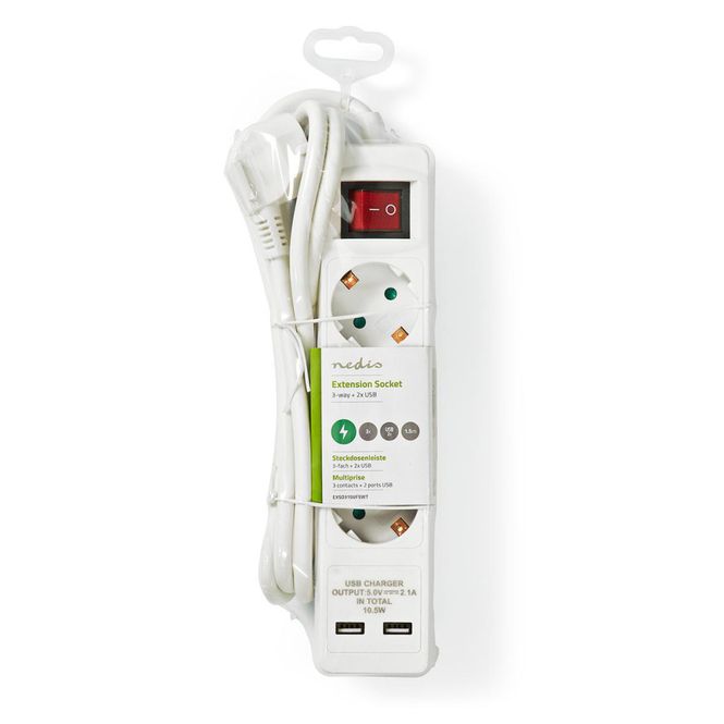Hovedbilde Grenuttak 3-Veis + 2 USB - 1,5 meter Kabel - ...