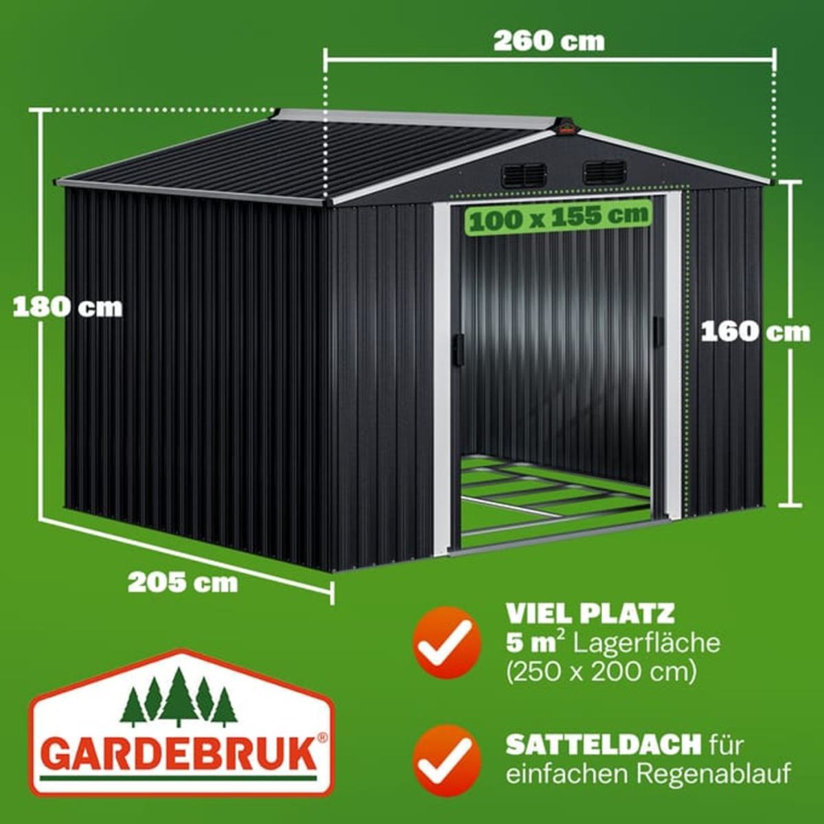 Hagebod metall - Uteskur - Redskapsbod - 260x205x180cm - antrasitt